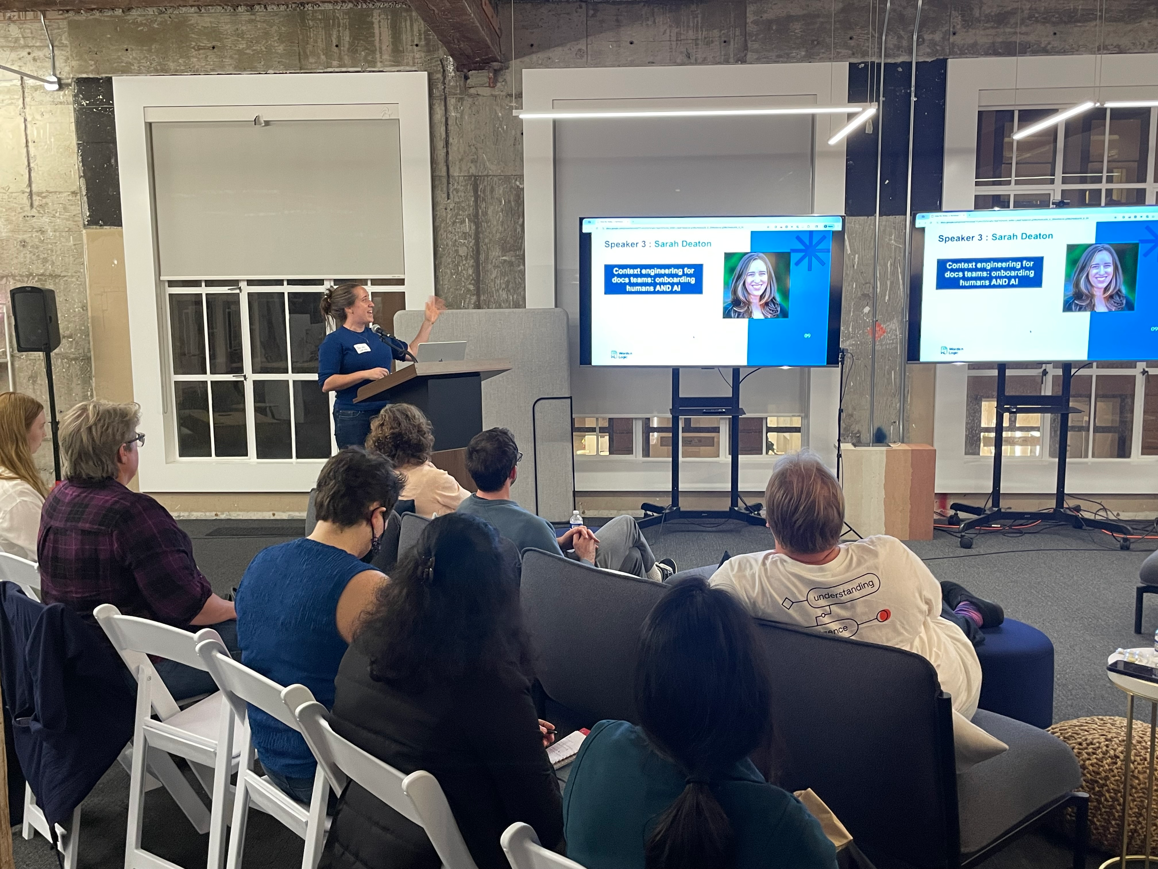 Sarah Deaton speaking at the Write the Docs Bay Area event on October 23, 2025